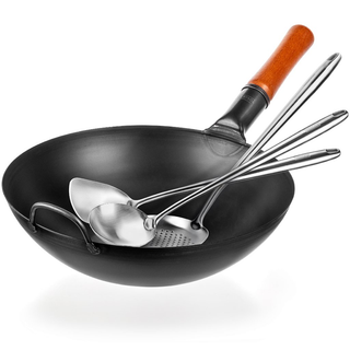 Yosukata Wok Set 13.5" Carbon Steel Stir Fry Wok Pan & 17" Stainless Steel Spatula, Ladle and Skimmer — complete set