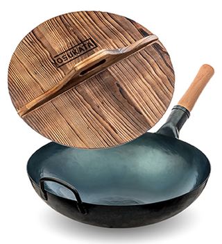 YOSUKATA Blue Round Bottom Wok Pan – 14" Stir Fry Pans Premium Wok Cover 14 inch - Wooden Lid — complete set