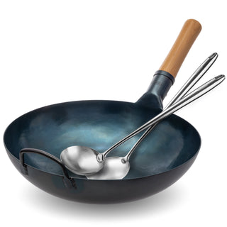 Yosukata Wok Set 13.5" Blue Carbon Steel Flat Bottom Wok Pan & 17" Spatula and Ladle — complete set
