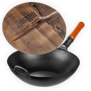 Yosukata 13.5-inch black carbon steel flat bottom wok set with long wooden handle and fitted wooden lid