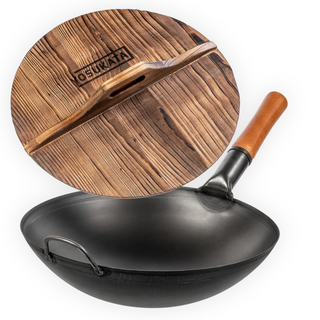 Yosukata 14 inch black carbon steel round bottom wok set with long wooden handle and wooden lid