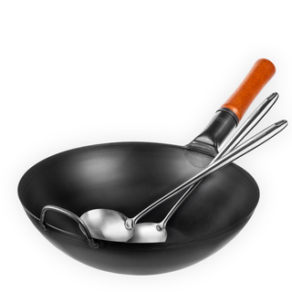 Yosukata 13.5-inch black carbon steel flat bottom wok set with wooden handle, stainless steel spatula and ladle