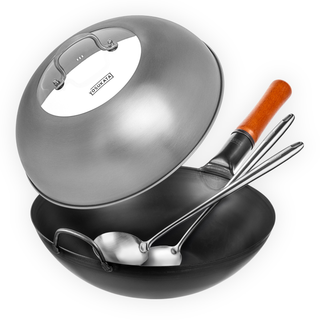 Yosukata 13.5-inch black carbon steel wok set with flat bottom, stainless steel lid, long spatula, and ladle