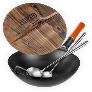 Yosukata 13.5-inch black carbon steel wok set with flat bottom, wooden lid, stainless steel spatula, and ladle