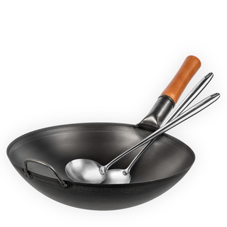 Yosukata 14-inch round bottom carbon steel wok set with wooden handle, black wok, 17-inch stainless steel spatula and ladle