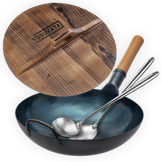 Yosukata 13.5-inch blue carbon steel wok set with flat bottom, wooden lid, stainless steel spatula and ladle