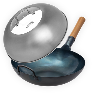 Yosukata 13.5 inch blue carbon steel flat bottom wok with 12.8 inch stainless steel lid and tempered glass insert