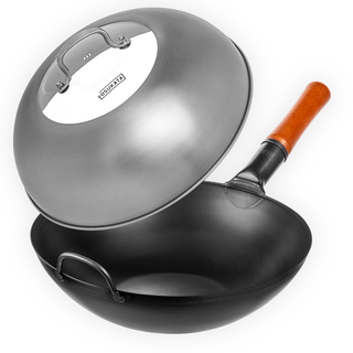 Yosukata 13.5-inch black flat bottom carbon steel wok set with wooden handle and 12.8-inch stainless steel lid