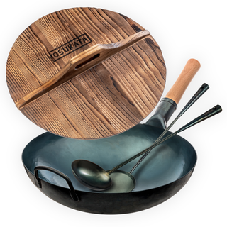 Yosukata 13.5-inch blue carbon steel wok set with flat bottom, wooden lid, spatula, ladle, and cooking chopsticks