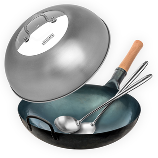 Yosukata 13.5-inch blue carbon steel flat bottom wok set with stainless lid, spatula, and ladle