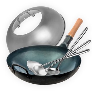 Yosukata 13.5-inch blue carbon steel flat bottom wok set with stainless steel lid and 3 long-handle utensils