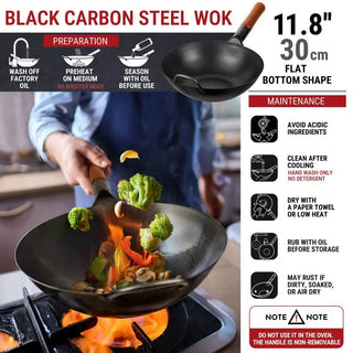 Black carbon steel wok with cooking demonstration and usage instructions.
