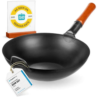 Yosukata 13.5-inch pre-seasoned black carbon steel flat-bottom wok