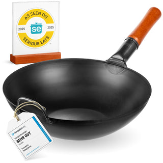 Yosukata 13.5-inch pre-seasoned black carbon steel flat bottom wok with wooden handle