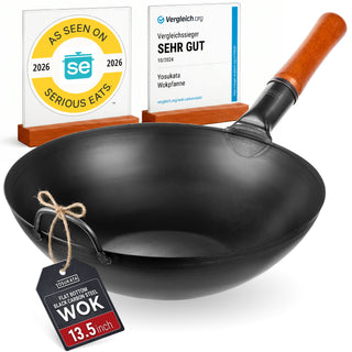 Yosukata 34 cm black carbon steel wok, flat bottom — 2026 award