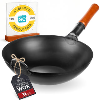 Yosukata 34 cm Pre-Seasoned Black Carbon Steel Wok, Flat Bottom