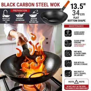 Black carbon steel wok being used to cook shrimp with preparation and maintenance instructions.