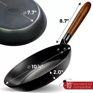Black frying pan with wooden handle and measurements labeled, featuring the brand 'Tosukata'.