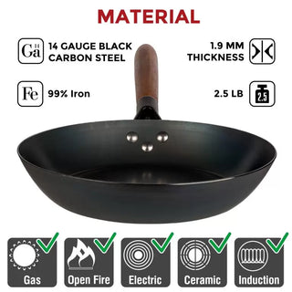 Black carbon steel wok with material specifications on a white background