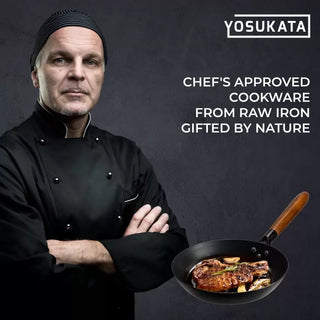 Chef in black uniform holding a pan with food, Yosukata cookware branding visible
