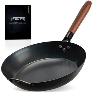 Yosukata 11.8 inch black carbon steel skillet with pre-seasoned pan body and removable wooden handle