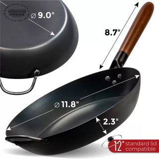 Black wok with wooden handle and measurements on a white background
