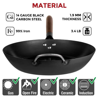 Black carbon steel wok with material specifications on a white background