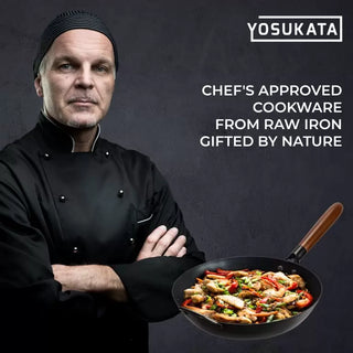 Chef holding a wok with food, wearing a black chef's coat against a dark background with 'Yosukata' branding.