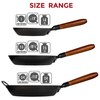 Three frying pans with wooden handles and size range indicators on a white background