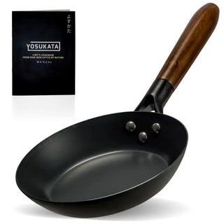 Yosukata 7.9-inch black carbon steel skillet with pre-seasoned surface and detachable wooden handle