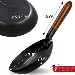 Black frying pan with wooden handle and measurements labeled, featuring YOSUKATA branding.