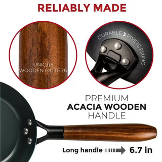 Frying pan with a premium acacia wooden handle, highlighting durability and design features.