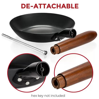 Black frying pan with detachable handle and hex key not included text on a white background