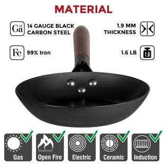 Black carbon steel wok with material specifications on a white background