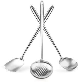 Yosukata 17-inch stainless steel wok utensils set with spatula, ladle, and skimmer with long heat-resistant handles