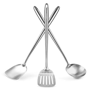 Yosukata 17-inch stainless steel wok utensils set with spatula, ladle, and turner, long heat-resistant handles
