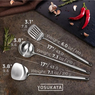 Yosukata 17-inch stainless steel wok spatula, ladle, and turner with dimensions