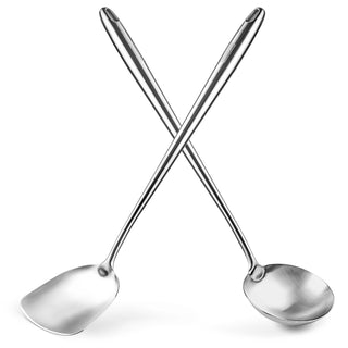 Yosukata 18-inch stainless steel wok spatula and ladle set with long cool-grip handles and hanging holes