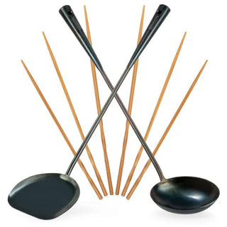 Yosukata 17-inch carbon steel wok spatula and ladle set with three pairs of bamboo cooking chopsticks