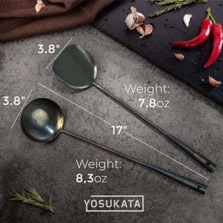 Yosukata carbon steel wok spatula and ladle with bamboo cooking chopsticks, alternate view