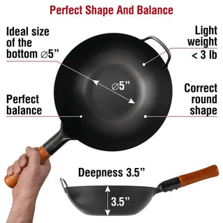 Black frying pan with measurements and text highlighting its features on a white background