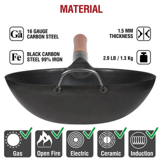 Black wok with material specifications and features on a white background