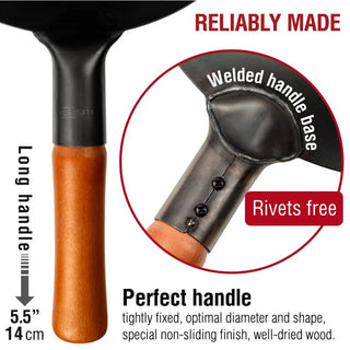 Wok with wooden handle and text highlighting handle quality and material