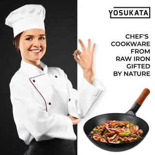 Chef in uniform with a wok of food and 'YOSUKATA' branding on a black background