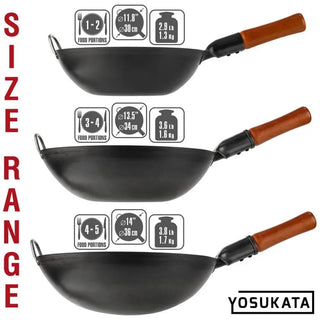 Three sizes of woks with size range text and Yosukata branding.