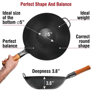 Black wok with measurements and text highlighting its features