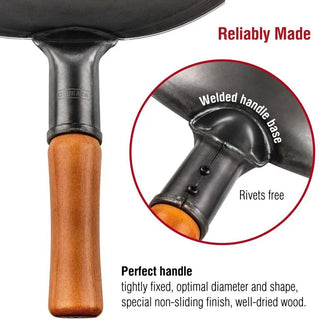 Frying pan with wooden handle and close-up of welded handle base, highlighting 'Reliably Made' and 'Perfect handle' text.