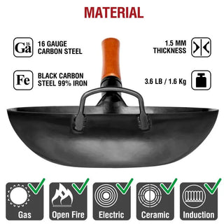 Black carbon steel wok with material specifications on a white background