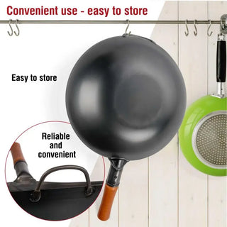 Black frying pan with wooden handle hanging on a rack, with text highlighting convenience and storage.