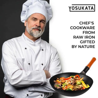 Chef holding a wok with food, wearing a white chef's outfit and hat, with 'YOSUKATA' branding.